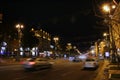 Night street with burning lanterns. Kyiv street at night. Lights of night city