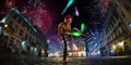 Night street circus performance whit clown, juggler. Festival city background. fireworks and Celebration atmosphere. Wide engle Royalty Free Stock Photo