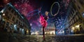 Night street circus performance whit clown, juggler. Festival city background. fireworks and Celebration atmosphere. Royalty Free Stock Photo