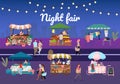 Night street fair flat vector illustration. Outdoor market stalls, summer trade tents with sellers and buyers. Flowers, farmers