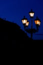 Night street lantern view in urban square with background building black silhouette outline frame shape, vertical photo