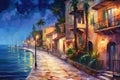 Night street of the resort town near the sea. Oil painting in the style of impressionism.