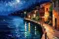 Night street of the resort town near the sea. Oil painting in the style of impressionism.