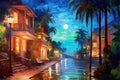 Night street of the resort town near the sea. Oil painting in the style of impressionism.