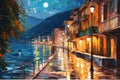 Night street of the resort town near the sea. Oil painting in the style of impressionism.