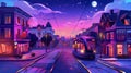 A night street scene with houses, trams, and an empty car road with a pedestrian crosswalk. Modern cartoon cityscape Royalty Free Stock Photo