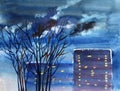 Night street view. Cityscape in twilight with houses and trees. Hand-drawn watercolor painting. Royalty Free Stock Photo