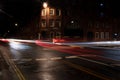 Night street view with light trails outside Wadworth Brewery in Devizes, Wiltshire