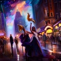 Night streets filled with Carnival crowds. Concept of Masquerade, Mardi Gras celebrations. Urban Carnival night