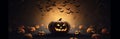 night table pumpkin background fear blue bat horror mystery grunge halloween. Generative AI. Royalty Free Stock Photo