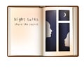 Night talks concept, two people profile in the book page that looks window,