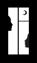 Night talks concept, two people profile in the window,