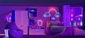 Night teen bedroom with neon light illustration