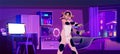 Night teen neon bedroom interior illustration