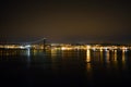 Night Tejo river. 25thth April bridge. Lisbon. Almada. Portugal. Nightscene. lights colors dark background. landscape