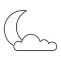 Night thin line icon, weather and climate, moon and cloud sign, vector graphics, a linear pattern on a white background.