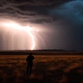 Night, thunderstorm, lightning strikes the ground in a field, a person watches, danger, terrible natural phenomenon, disaster,