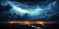 night thunderstorm over the lake, Lightning with dramatic clouds. Generative AI Royalty Free Stock Photo