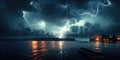night thunderstorm over the lake, Lightning with dramatic clouds. Generative AI Royalty Free Stock Photo