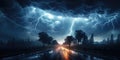 night thunderstorm over the lake, Lightning with dramatic clouds. Generative AI Royalty Free Stock Photo