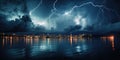 night thunderstorm over the lake, Lightning with dramatic clouds. Generative AI Royalty Free Stock Photo