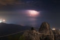 Night thunderstorm over the sea. Lightning to the water of Black Sea. Rocky mountain cliffs. Hanging path to the Ai Royalty Free Stock Photo