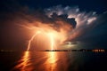 Night thunderstorm over sea water, generative ai