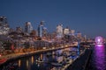 Night time aerial video view  of Seattle Downtown, with the Space Needle, Skyscraper and The Seattle Great Wheel at Waterfront Royalty Free Stock Photo