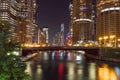 Night time Chicago river skyline Royalty Free Stock Photo