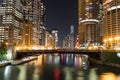 Night time Chicago skyline along river Royalty Free Stock Photo