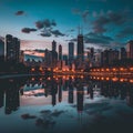 a night time city skyline with skyscrapers Royalty Free Stock Photo