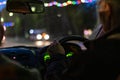 Night time city taxi driver drive car f Royalty Free Stock Photo