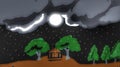 Night time dark cloudy weather, with rain and moon, and other side tree, and small house, hand-drawing picture. Royalty Free Stock Photo