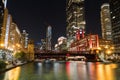 Night time exterior establishing shot overlooking Chicago river Royalty Free Stock Photo