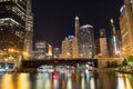 Night time exterior establishing shot overlooking Chicago river Royalty Free Stock Photo