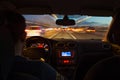 Night time highway from inside car with motion blurred speeding Royalty Free Stock Photo