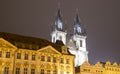 Night time illuminations of the fairy tale Church of our Lady Tyn 1365 in the Magical city of Prague, Czech republic Royalty Free Stock Photo