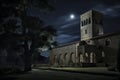 A Night in Time: A Medieval Structure Bathed in Moonlight Amidst a Starry Sky, ai generative Royalty Free Stock Photo