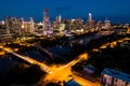 Night time nightscape aeral drone view above Austin Texas Skyline Cityscape illuminated city lights