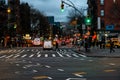 Night time scene in New York City showing cars driving in busy Manhattan. Royalty Free Stock Photo