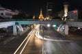 Night time and speed of light of golden octagon of Sule pagoda at Square foot overpass on the crossroad of Anawrahta Rd. and Sule