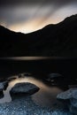 Night time view of lake reflecting glowing sunset, dramatic clouds and silhouette of mountain ridge behind Royalty Free Stock Photo