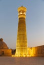 Night time view of the minaret at the Kalan Mosque in Bukhara