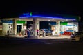 Night time view of a UK fuel service station