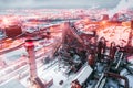 Night top view of a steel mill. Smog, smoke and flame from chimneys Royalty Free Stock Photo