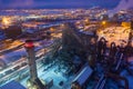 Night top view of a steel mill. Smog, smoke and flame from the chimneys Royalty Free Stock Photo