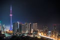 Night in Toronto. Long exposure of urban lighted skyline on a hot humid August evening. Royalty Free Stock Photo