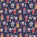 Night town on winter snowy landscape. Vector seamless pattern. Hand drawn background of village houses, Christmas trees Royalty Free Stock Photo