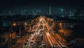 Night traffic, car cityscape, skyscraper city life, dusk architecture, urban skyline generated by AI Royalty Free Stock Photo