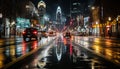 Night traffic in the city, skyscrapers illuminated, blurred motion of cars generated by AI Royalty Free Stock Photo